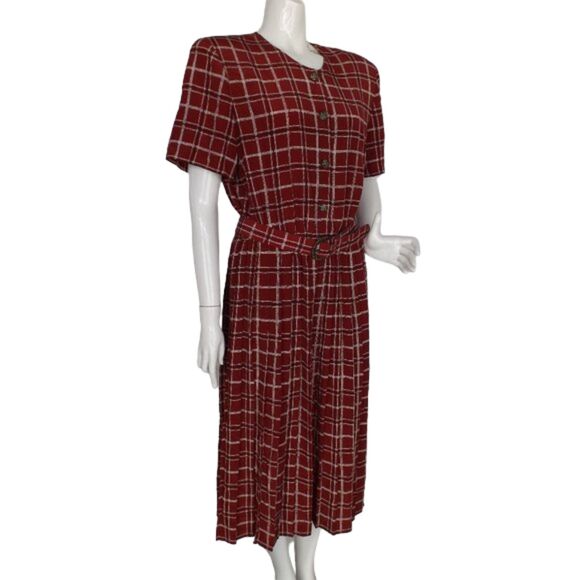 LESLIE FAY Midi Dress, XL, Dark Red Plaid, Short sleeve, Matching Belt, SS - Picture 3 of 12